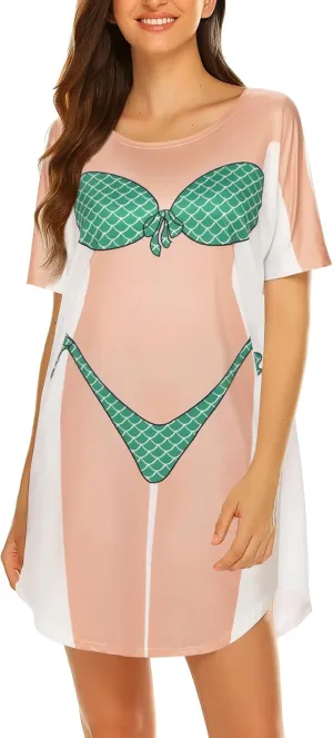 Ekouaer Women's Bikini Shirt Cover Up Short Sleeve Cute Bikini Print Cover-Up Baggy T Shirt Dress Fun Wear