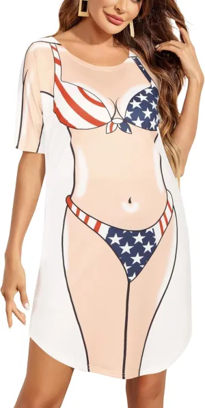 Ekouaer Women's Bikini Shirt Cover Up Short Sleeve Cute Bikini Print Cover-Up Baggy T Shirt Dress Fun Wear