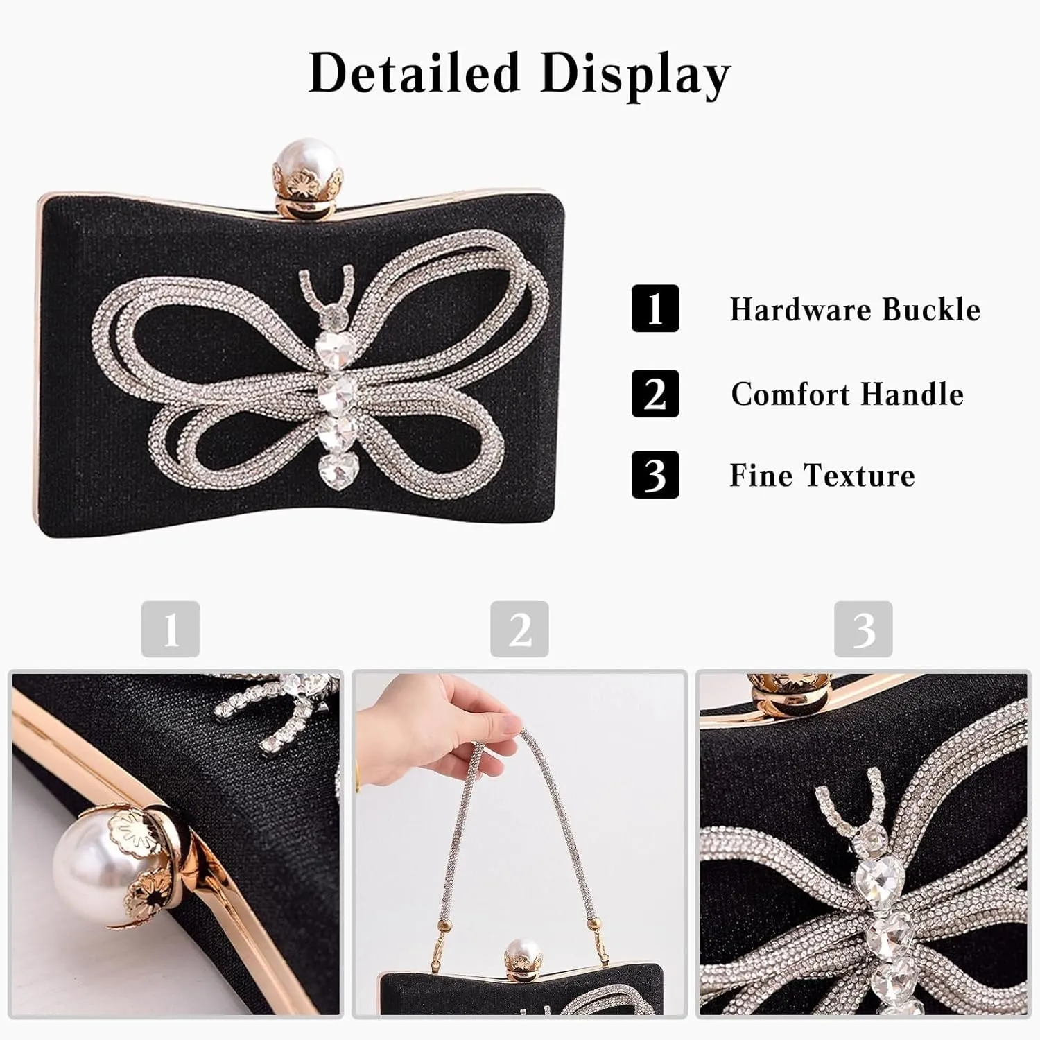 Elegant Crossbody Handbag Sequin Shoulder Butterfly Evening Rhinestone Clutch for Women Bridal Wedding Purse