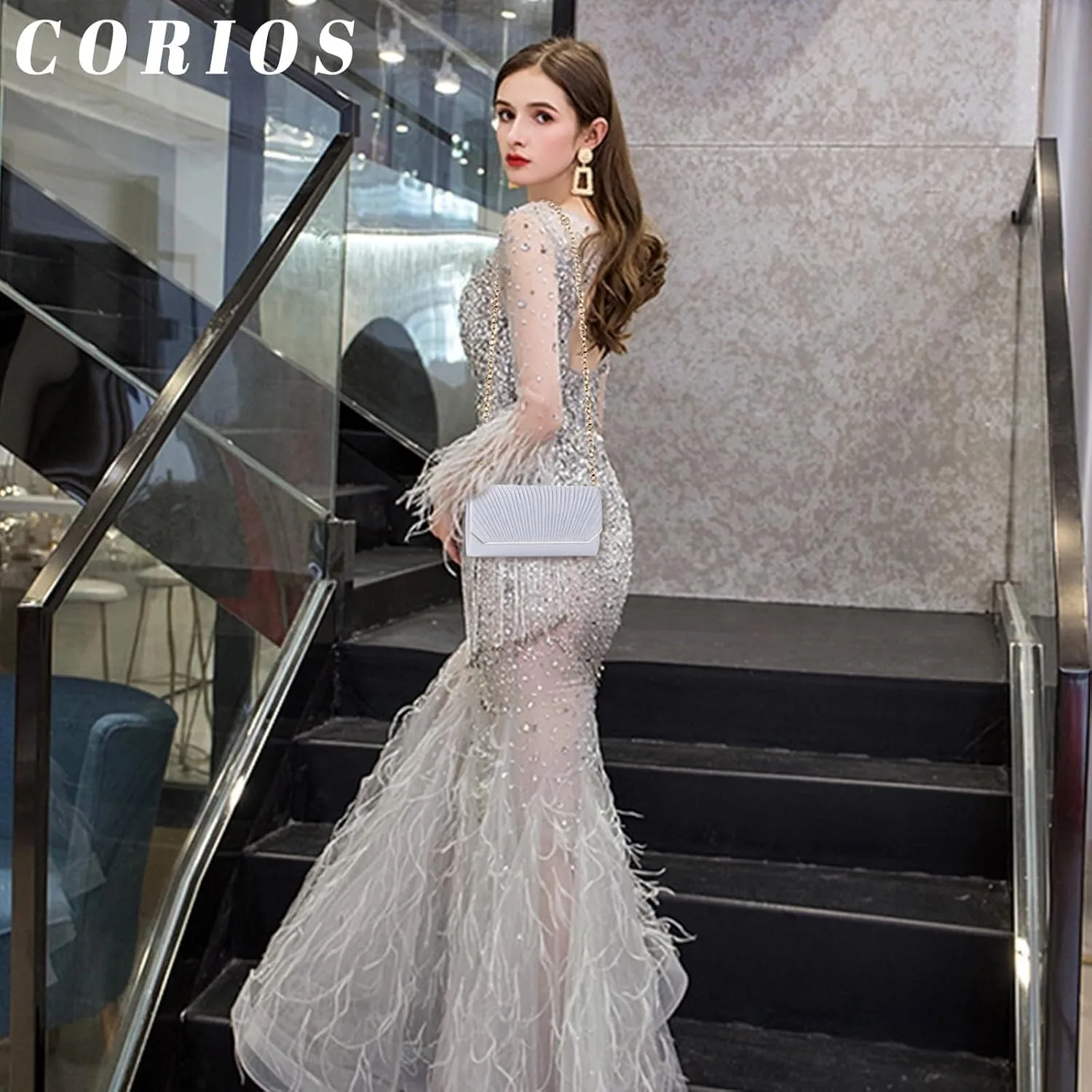 Elegant Crossbody Shoulder Bag Women Clutch Shiny Sequins Evening Glitter Handbag with Long Bridal Wedding Purse
