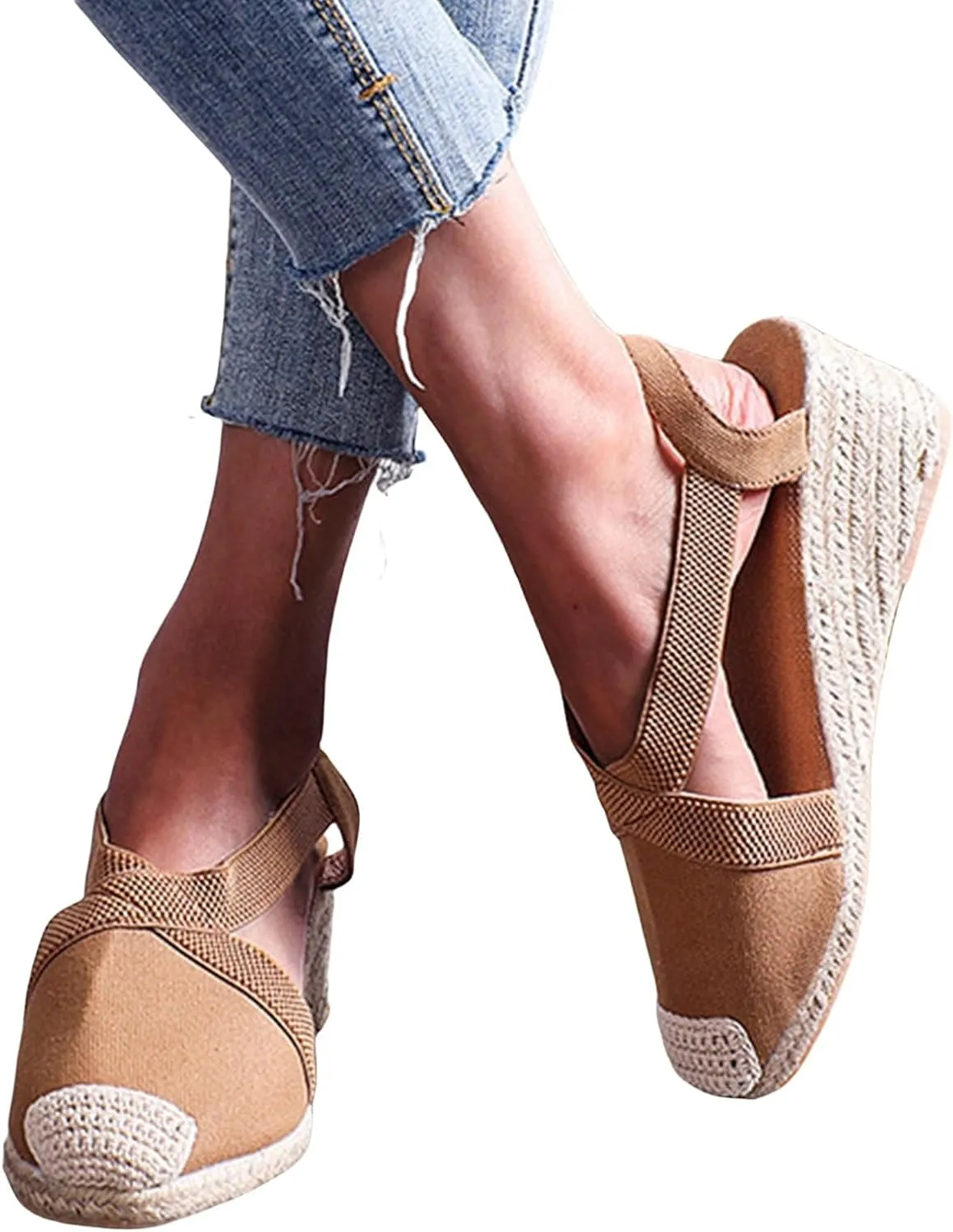 Espadrille Sandals for Women Closed Toe Ankle Strap Platform Wedge Sandal Slip On Flat Sandals Summer Comfortable Fisherman Sandal Dressy Casual Outdoors Shoes
