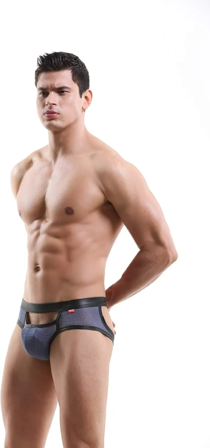 Evankin Men's Brief Underwear Sexy Mesh Hollow out Jockstrap Thong Underpants Patent Leather Fun U Convex Pouch Underwear