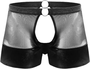 Evankin Men's Sexy Fun Boxer Brief Underwear PU Leather Mesh Splicing Front and Back Open Crotch Flat Angle Shorts Underpants Black