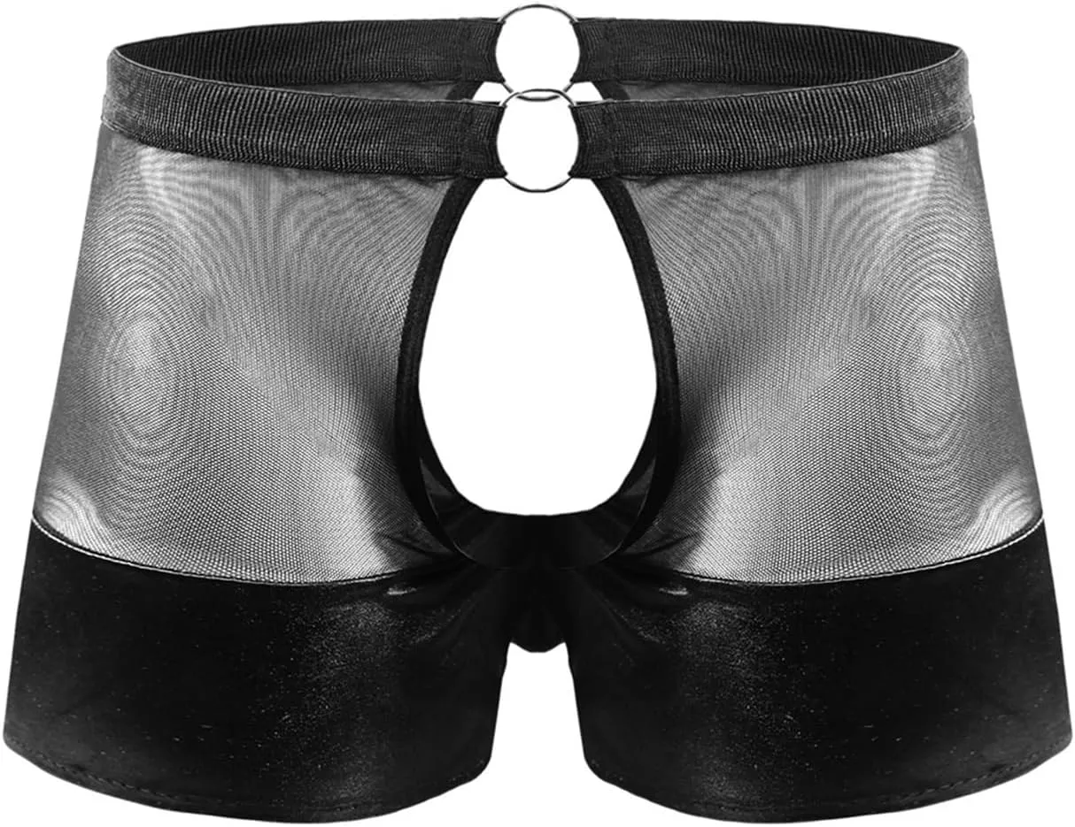 Evankin Men's Sexy Fun Boxer Brief Underwear PU Leather Mesh Splicing Front and Back Open Crotch Flat Angle Shorts Underpants Black