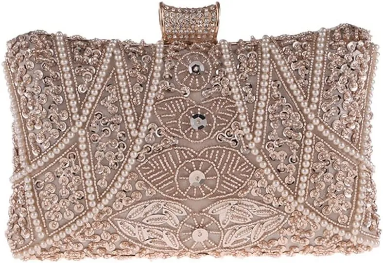 Evening Bag for Women Banquet Clutch Bag, Apricot Pearl Women's Clutch Wedding Shoulder Bag with Chain 120CM (Color : Apricot)
