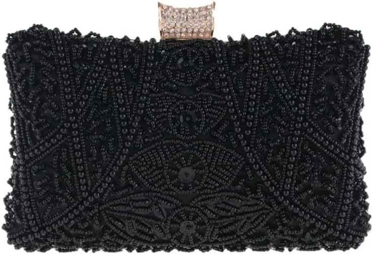 Evening Bag for Women Banquet Clutch Bag, Apricot Pearl Women's Clutch Wedding Shoulder Bag with Chain 120CM (Color : Black)
