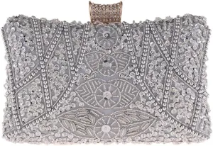 Evening Bag for Women Banquet Clutch Bag, Apricot Pearl Women's Clutch Wedding Shoulder Bag with Chain 120CM (Color : Silver)