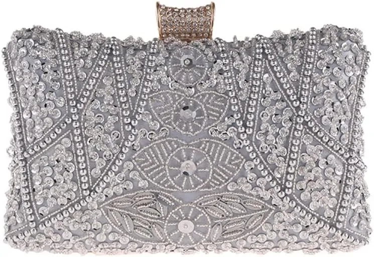 Evening Bag for Women Banquet Clutch Bag, Apricot Pearl Women's Clutch Wedding Shoulder Bag with Chain 120CM (Color : Silver)