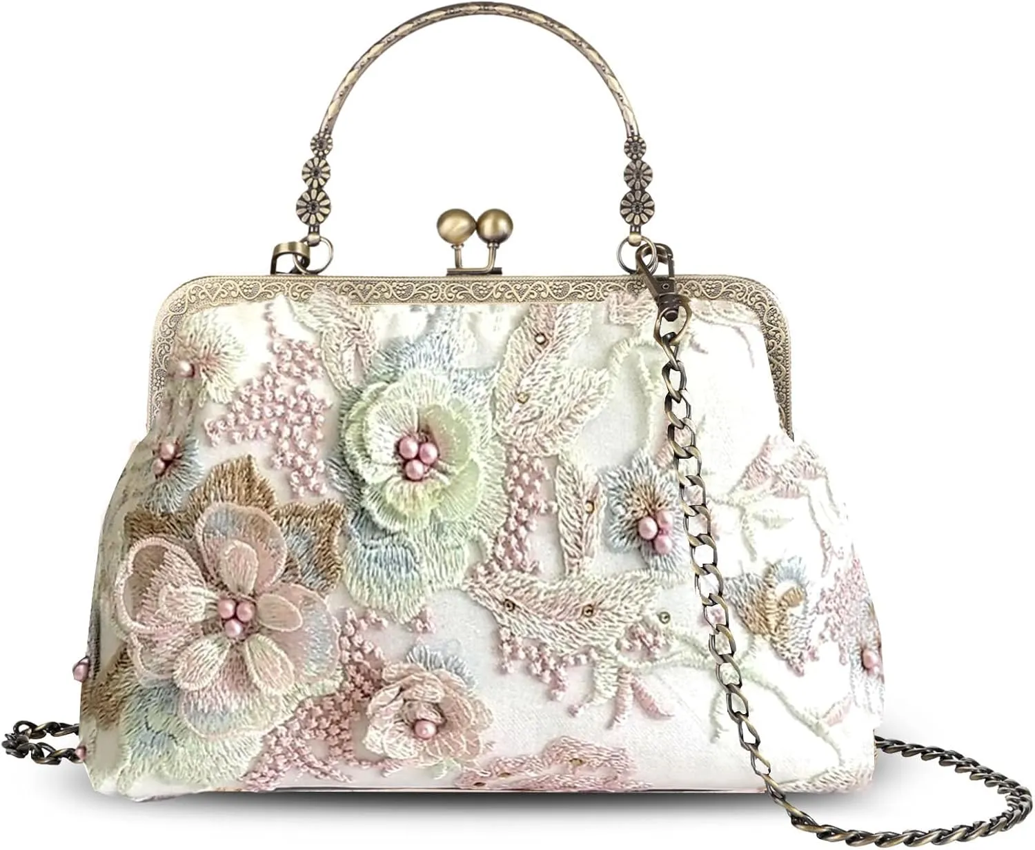 Evening Bag Vintage Purse Kiss Lock Purses and Handbags for Women Floral Canvas Handbag