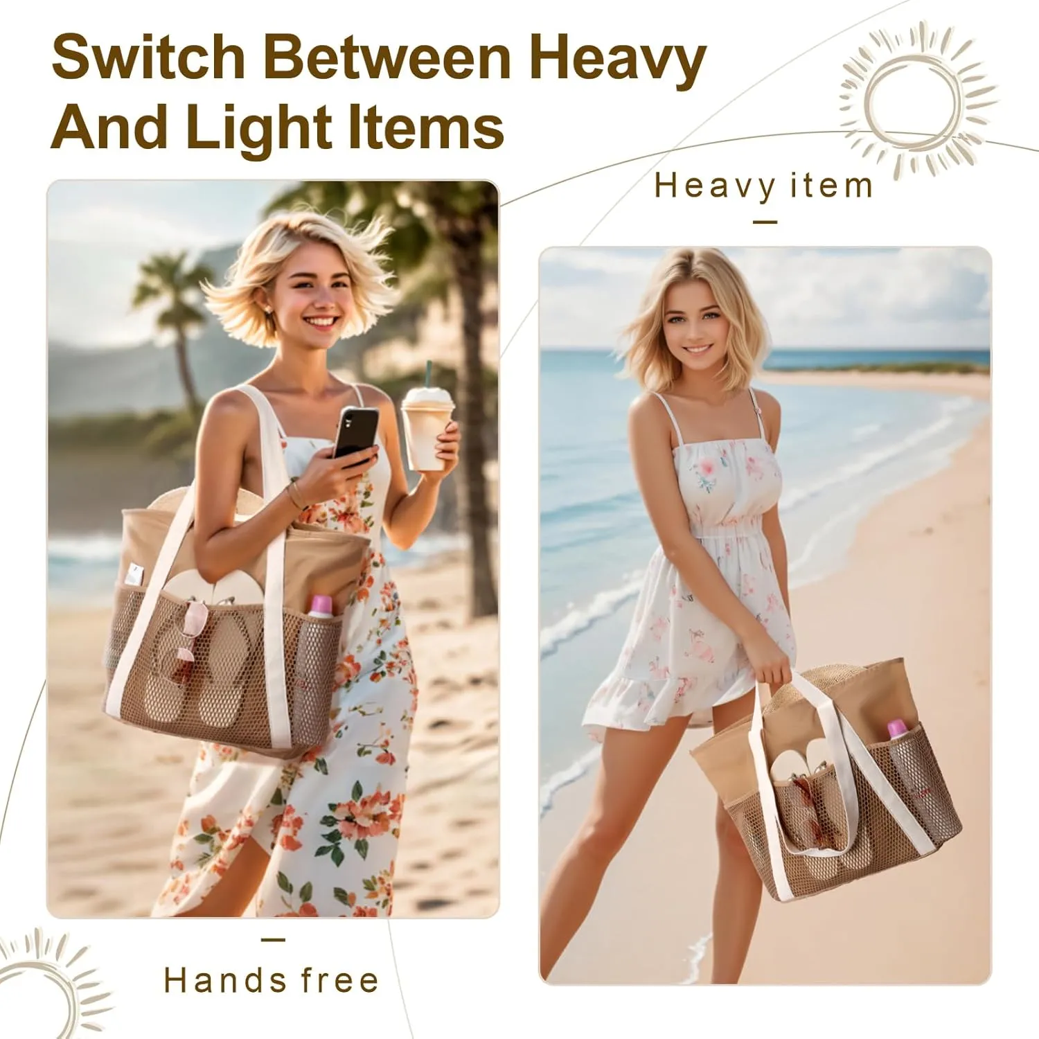 F-color Waterproof Beach Bags for Women - Machine Washable Travel Tote Bag with Zipper Cruise Swim Vacation Essentials