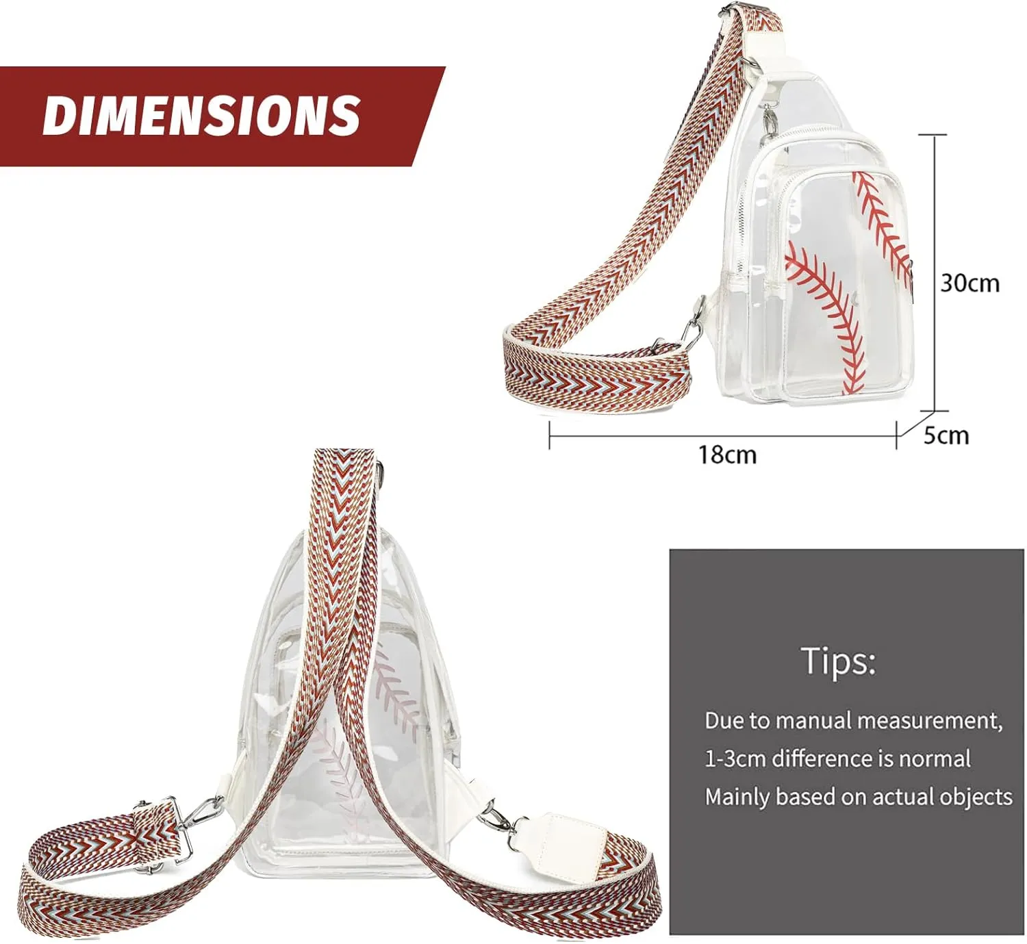 FAYBA Clear Bag for Stadium Approved Women Crossbody Bag, Baseball Print Crossbody Purses Wide Guitar Strap Chest Sling Purse