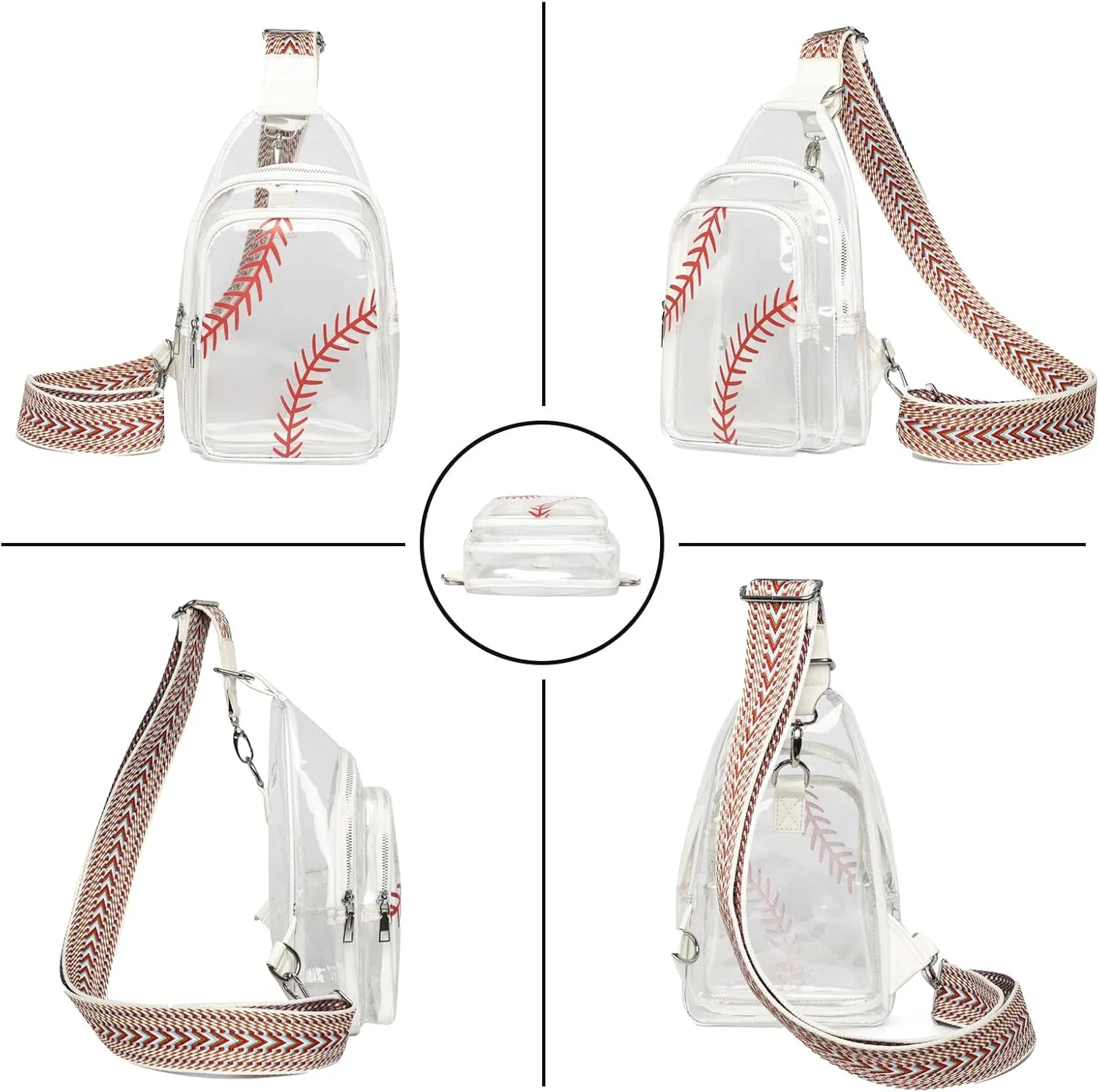 FAYBA Clear Bag for Stadium Approved Women Crossbody Bag, Baseball Print Crossbody Purses Wide Guitar Strap Chest Sling Purse