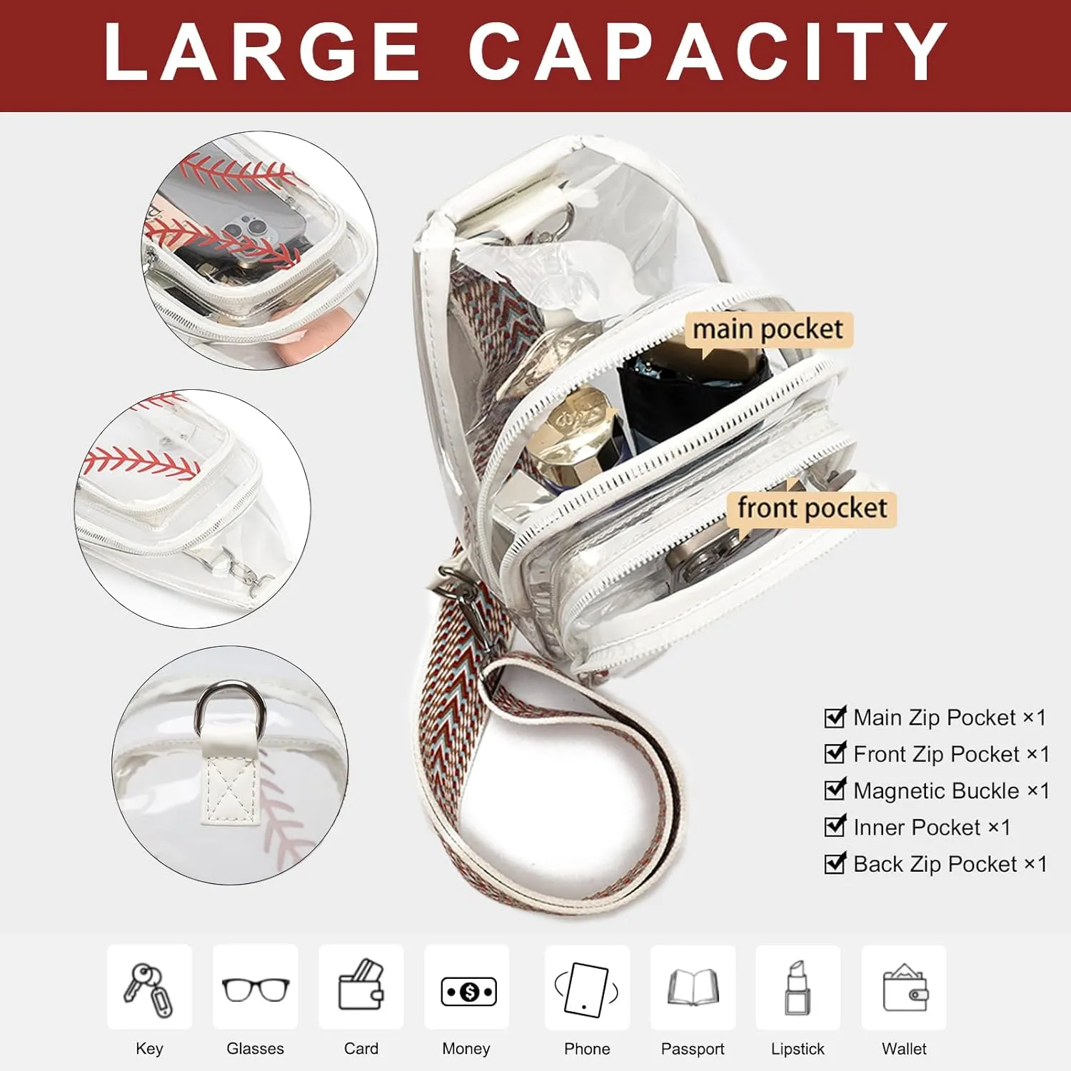 FAYBA Clear Bag for Stadium Approved Women Crossbody Bag, Baseball Print Crossbody Purses Wide Guitar Strap Chest Sling Purse