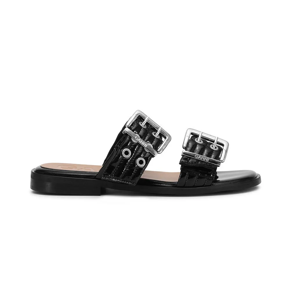 Feminine Buckle Two Strap Sandal (Black)