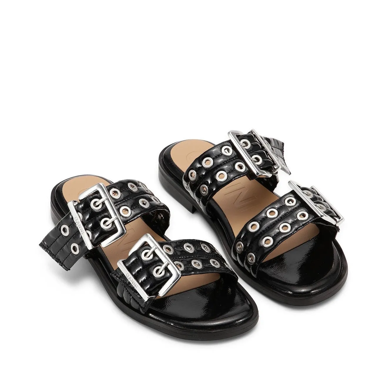 Feminine Buckle Two Strap Sandal (Black)