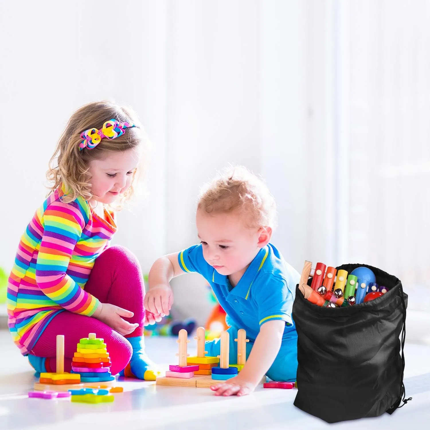 FEPITO 22 Pack Drawstring Bags String Backpack Bulk School Backpack Bag Sack Cinch Bag Sport Bags for Gym Traveling (Black)