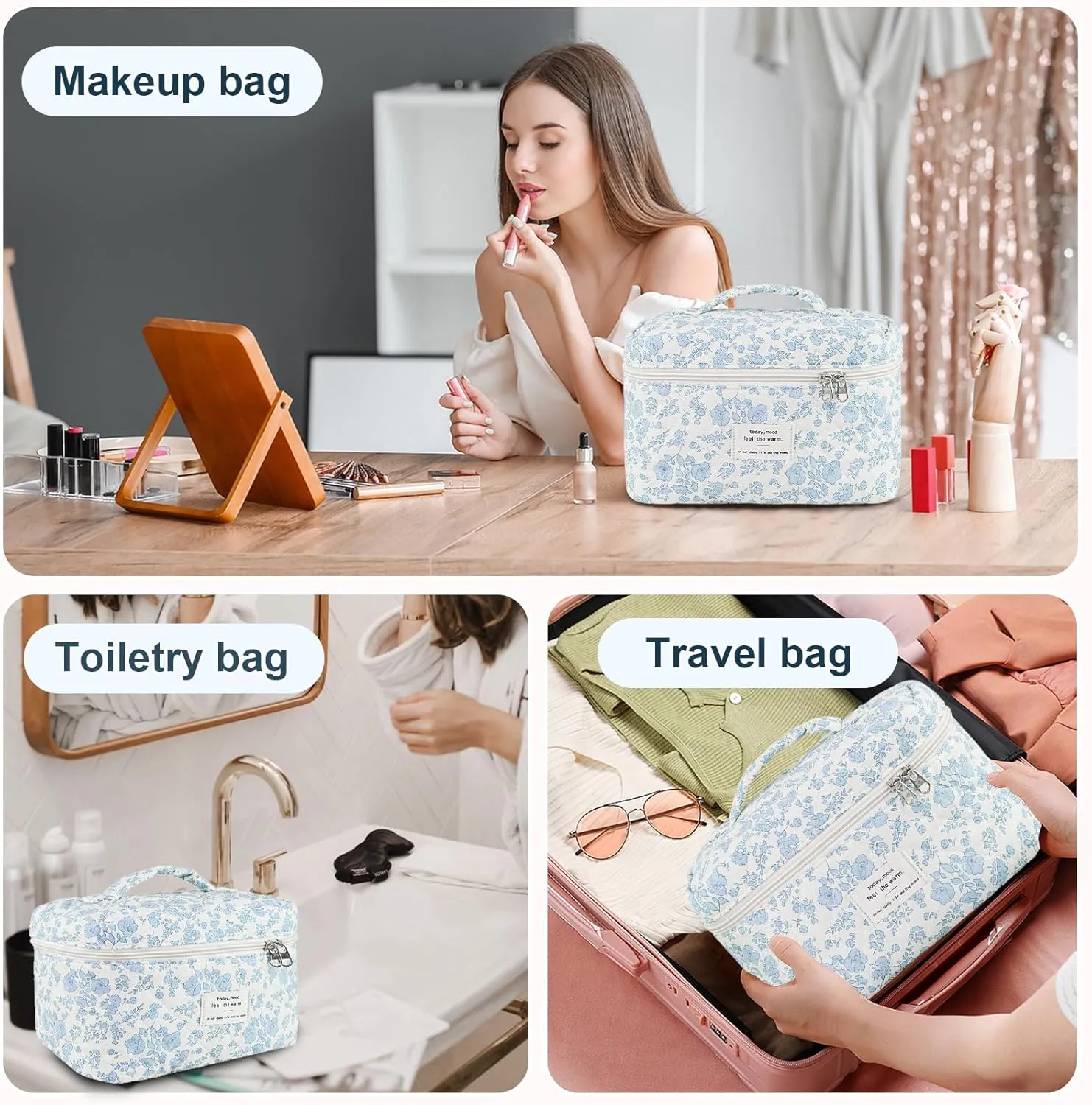 Floral Quilted Cosmetic Bag, Large Travel Aesthetic Makeup Bag, Cute Coquette Toiletry Bag for Women Girls