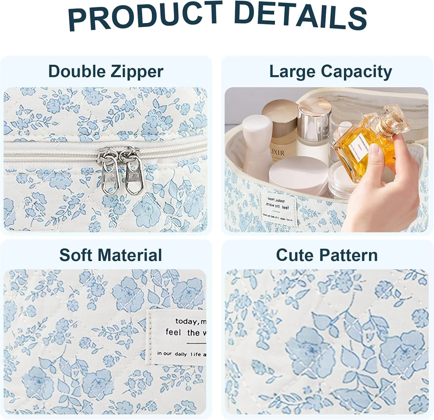 Floral Quilted Cosmetic Bag, Large Travel Aesthetic Makeup Bag, Cute Coquette Toiletry Bag for Women Girls