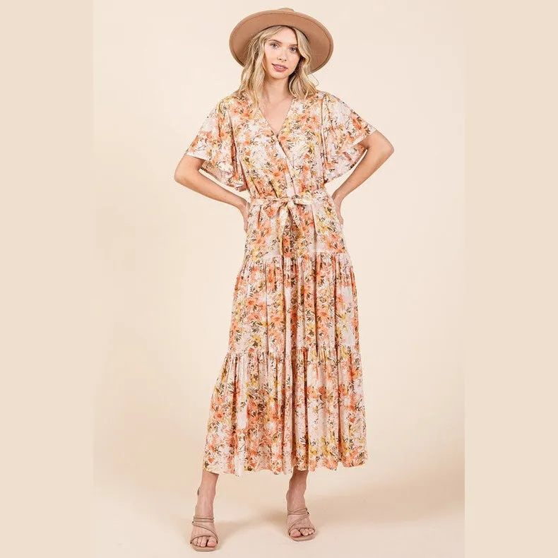 Floral Tie Waist Flutter Sleeve Tiered Dress