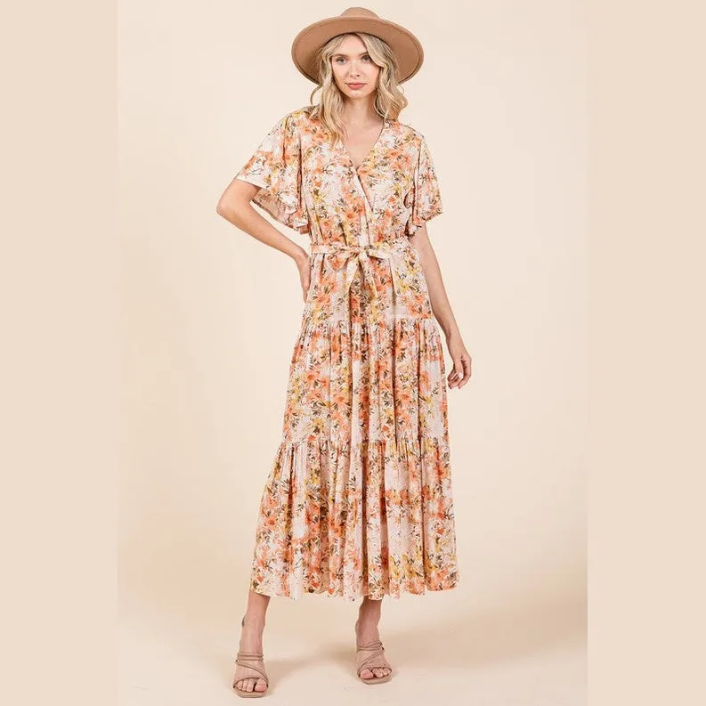 Floral Tie Waist Flutter Sleeve Tiered Dress