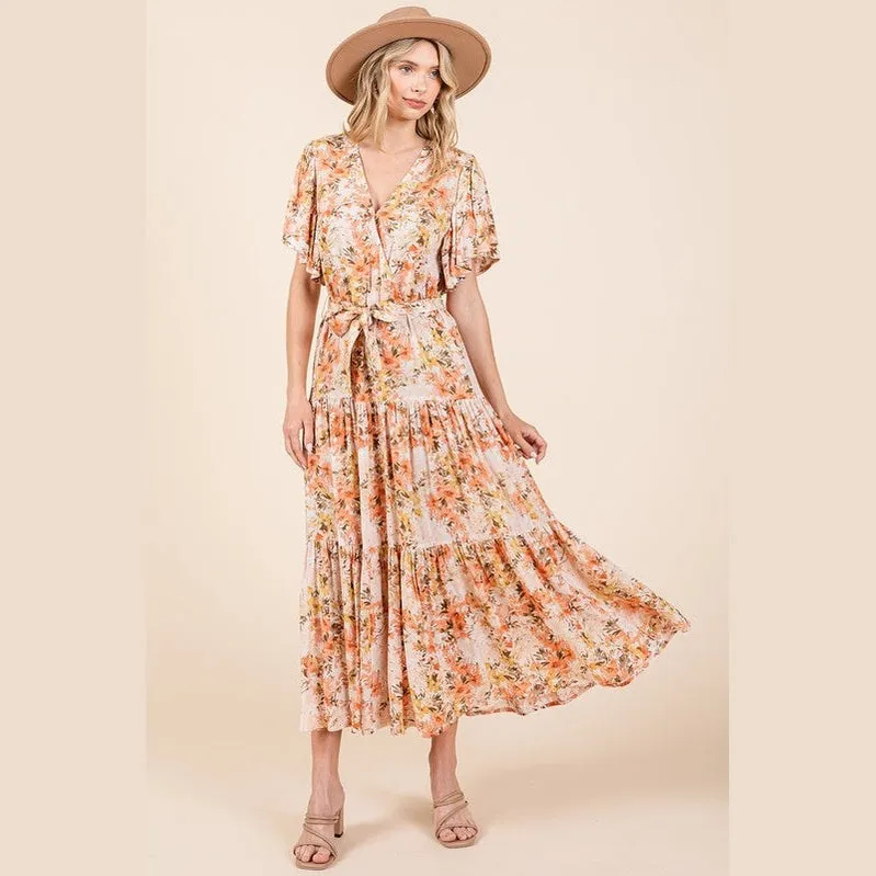 Floral Tie Waist Flutter Sleeve Tiered Dress
