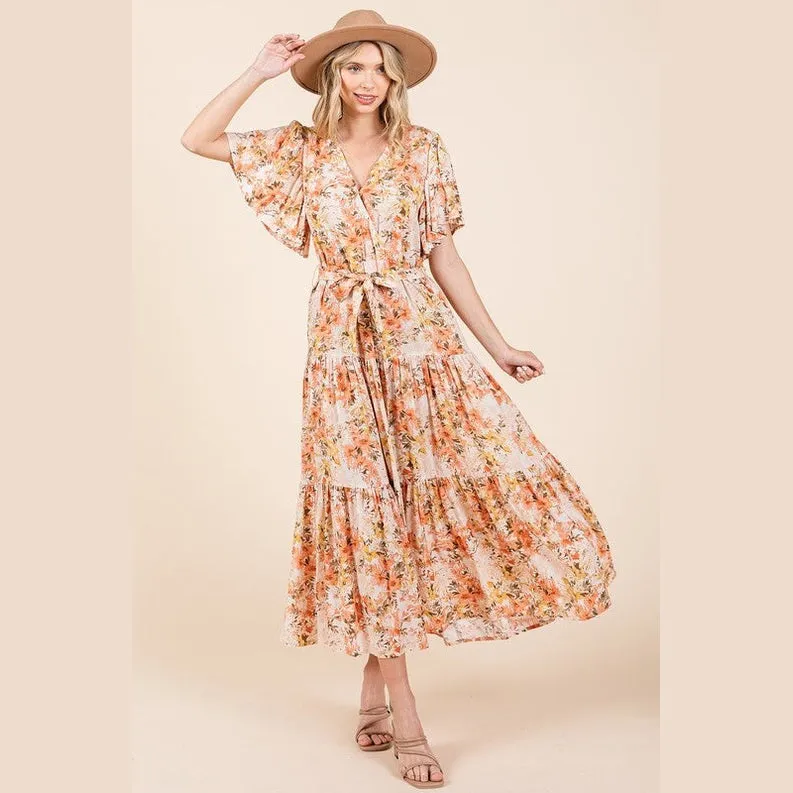 Floral Tie Waist Flutter Sleeve Tiered Dress