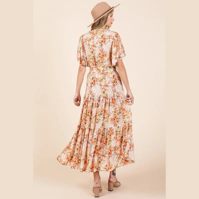 Floral Tie Waist Flutter Sleeve Tiered Dress