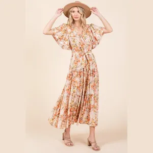 Floral Tie Waist Flutter Sleeve Tiered Dress