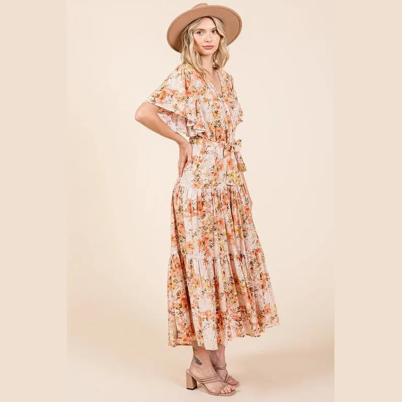 Floral Tie Waist Flutter Sleeve Tiered Dress