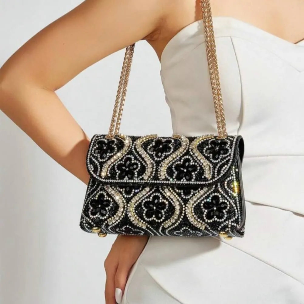 Flower Evening Handbags Elegant Square Shoulder Bag with Chain Crystals Rhinestone Clutch Purse Trendy Glitter Crossbody Bags