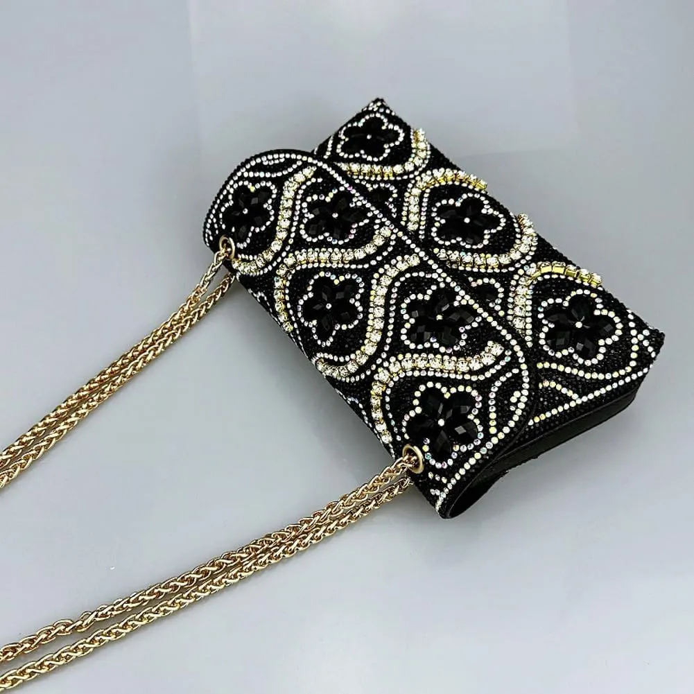 Flower Evening Handbags Elegant Square Shoulder Bag with Chain Crystals Rhinestone Clutch Purse Trendy Glitter Crossbody Bags