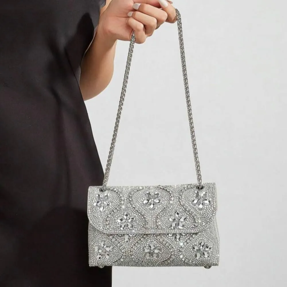 Flower Evening Handbags Elegant Square Shoulder Bag with Chain Crystals Rhinestone Clutch Purse Trendy Glitter Crossbody Bags