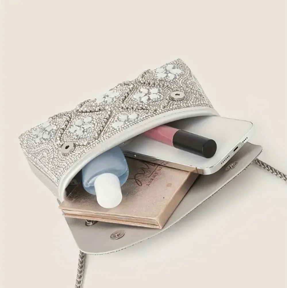 Flower Evening Handbags Elegant Square Shoulder Bag with Chain Crystals Rhinestone Clutch Purse Trendy Glitter Crossbody Bags