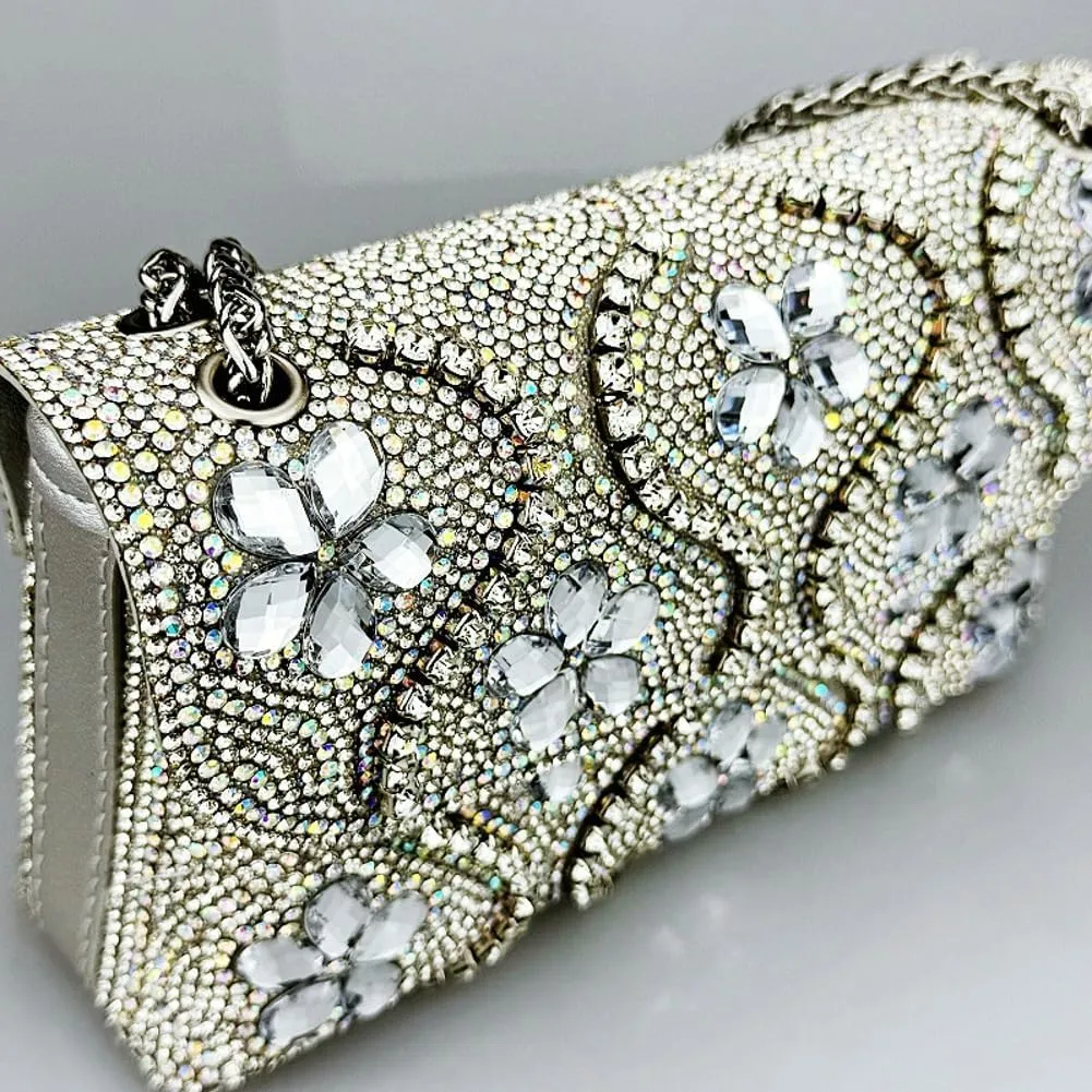 Flower Evening Handbags Elegant Square Shoulder Bag with Chain Crystals Rhinestone Clutch Purse Trendy Glitter Crossbody Bags