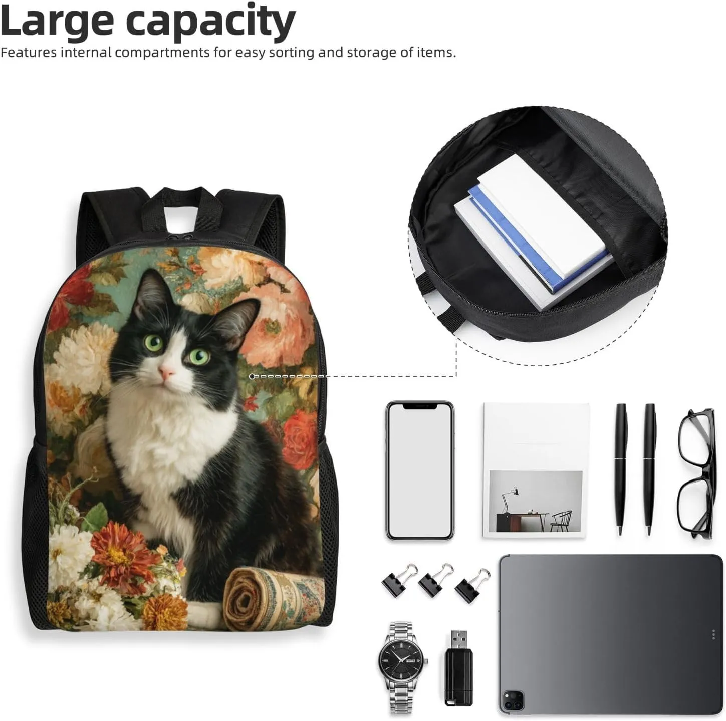 Flowers And Cats Backpack Waterproof Anti Theft Durable Light Laptop Bag Backpacks For Women Men Travel Gym Backpack