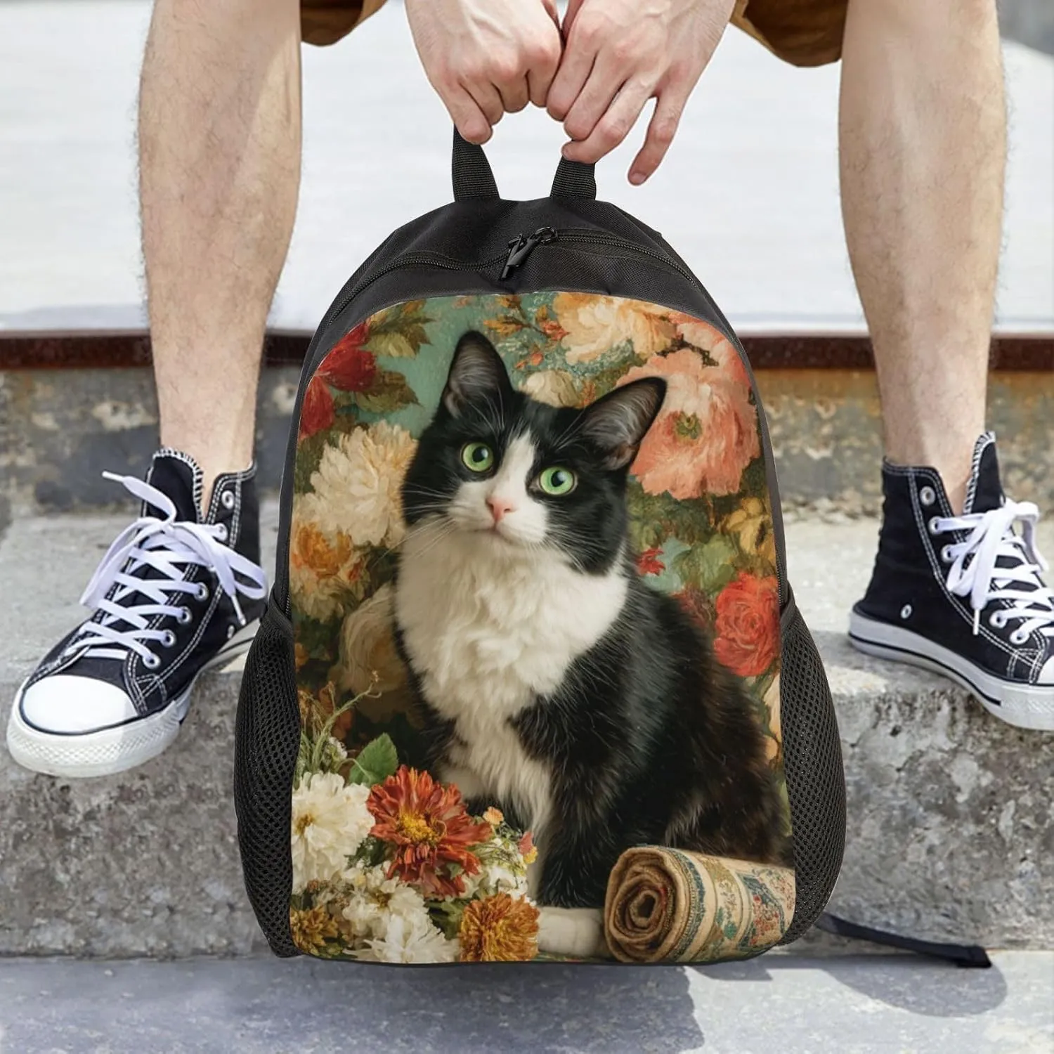 Flowers And Cats Backpack Waterproof Anti Theft Durable Light Laptop Bag Backpacks For Women Men Travel Gym Backpack
