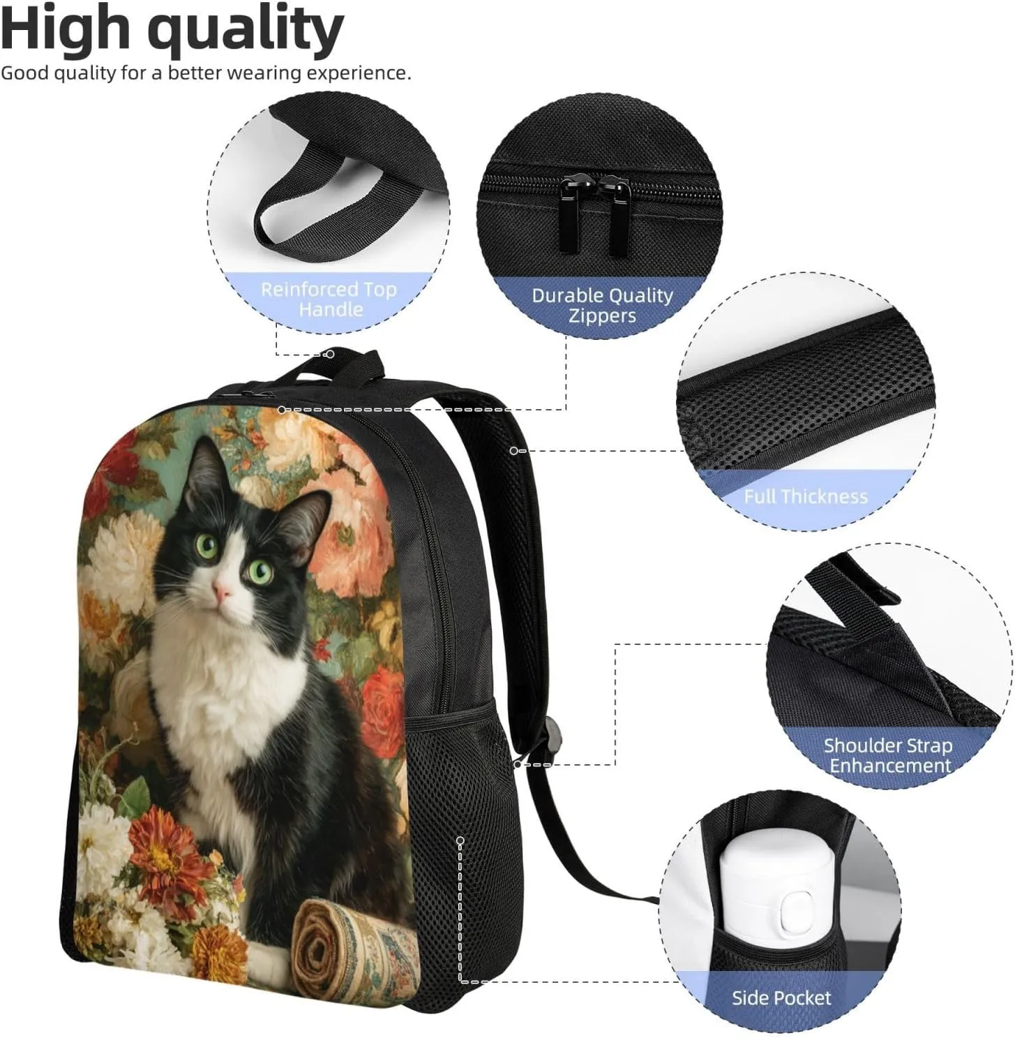 Flowers And Cats Backpack Waterproof Anti Theft Durable Light Laptop Bag Backpacks For Women Men Travel Gym Backpack