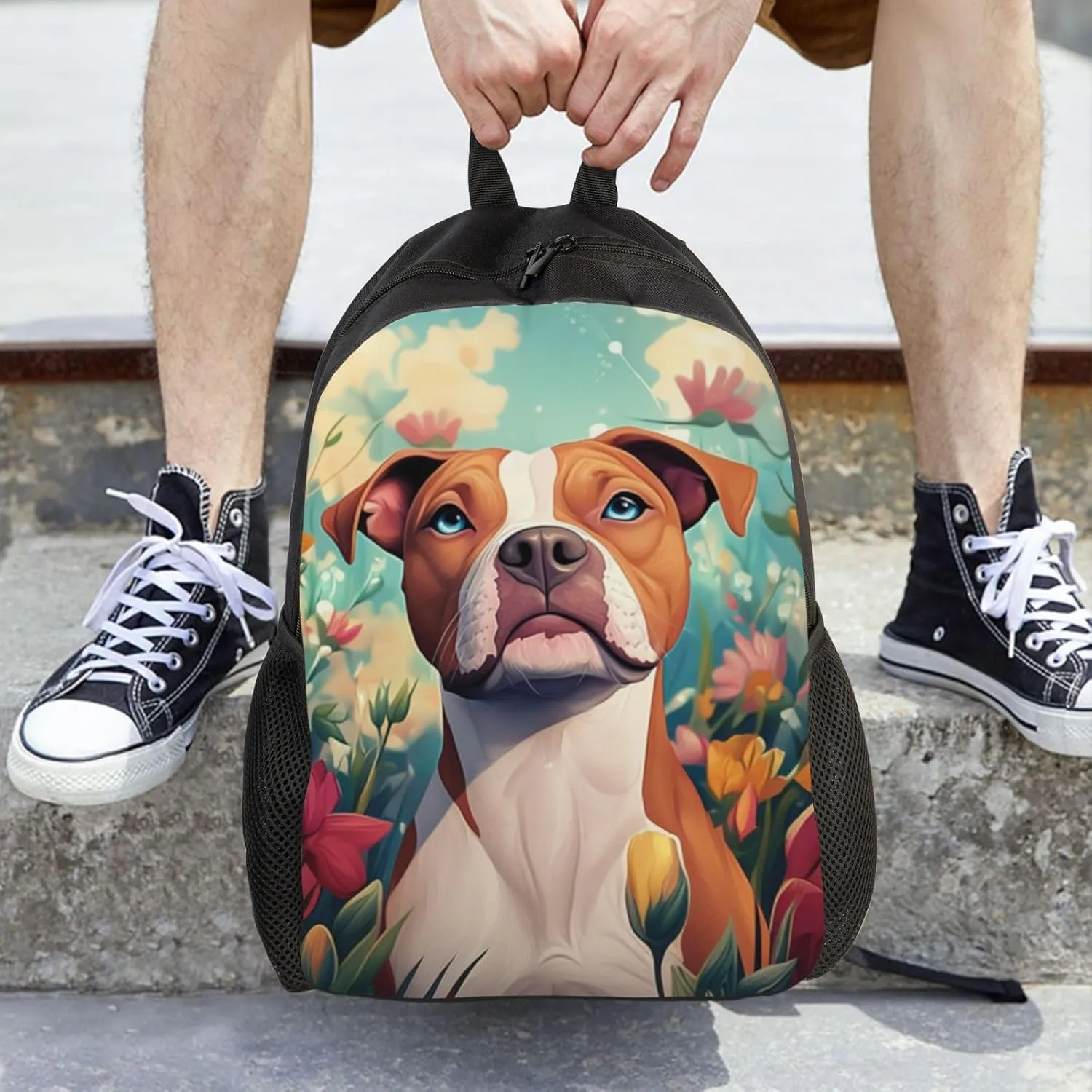 Flowers And Dogs Backpack Waterproof Anti Theft Durable Light Laptop Bag Backpacks For Women Men Travel Gym Backpack