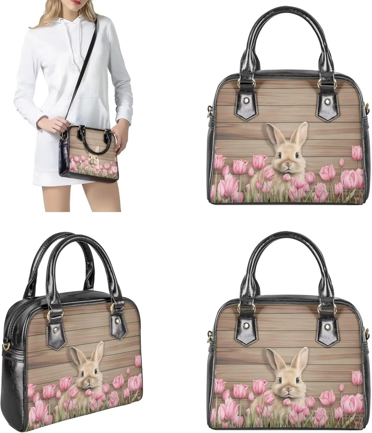 FOR U DESIGNS Leather Satchel Purses and Handbags for Women Easter Bunny Eggs Top Handle Tote Bag with Matching Wallet Sets