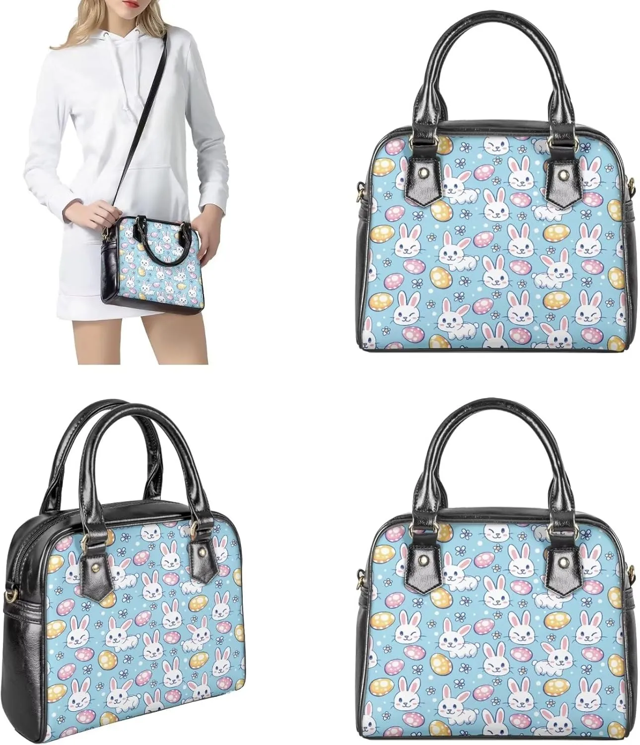 FOR U DESIGNS Leather Satchel Purses and Handbags for Women Easter Bunny Eggs Top Handle Tote Bag with Matching Wallet Sets