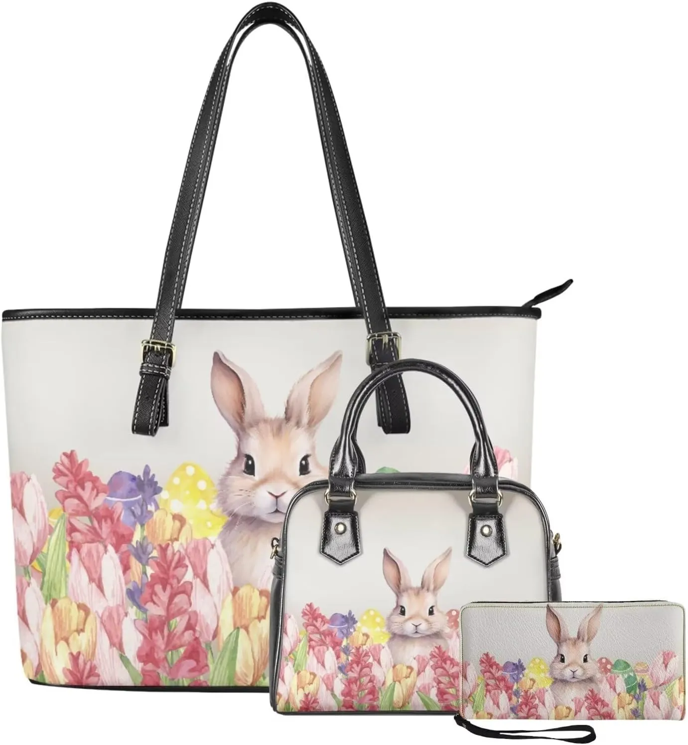 FOR U DESIGNS Leather Satchel Purses and Handbags for Women Easter Bunny Eggs Top Handle Tote Bag with Matching Wallet Sets