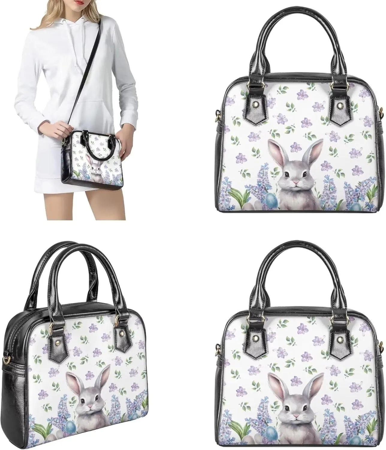 FOR U DESIGNS Leather Satchel Purses and Handbags for Women Easter Bunny Eggs Top Handle Tote Bag with Matching Wallet Sets