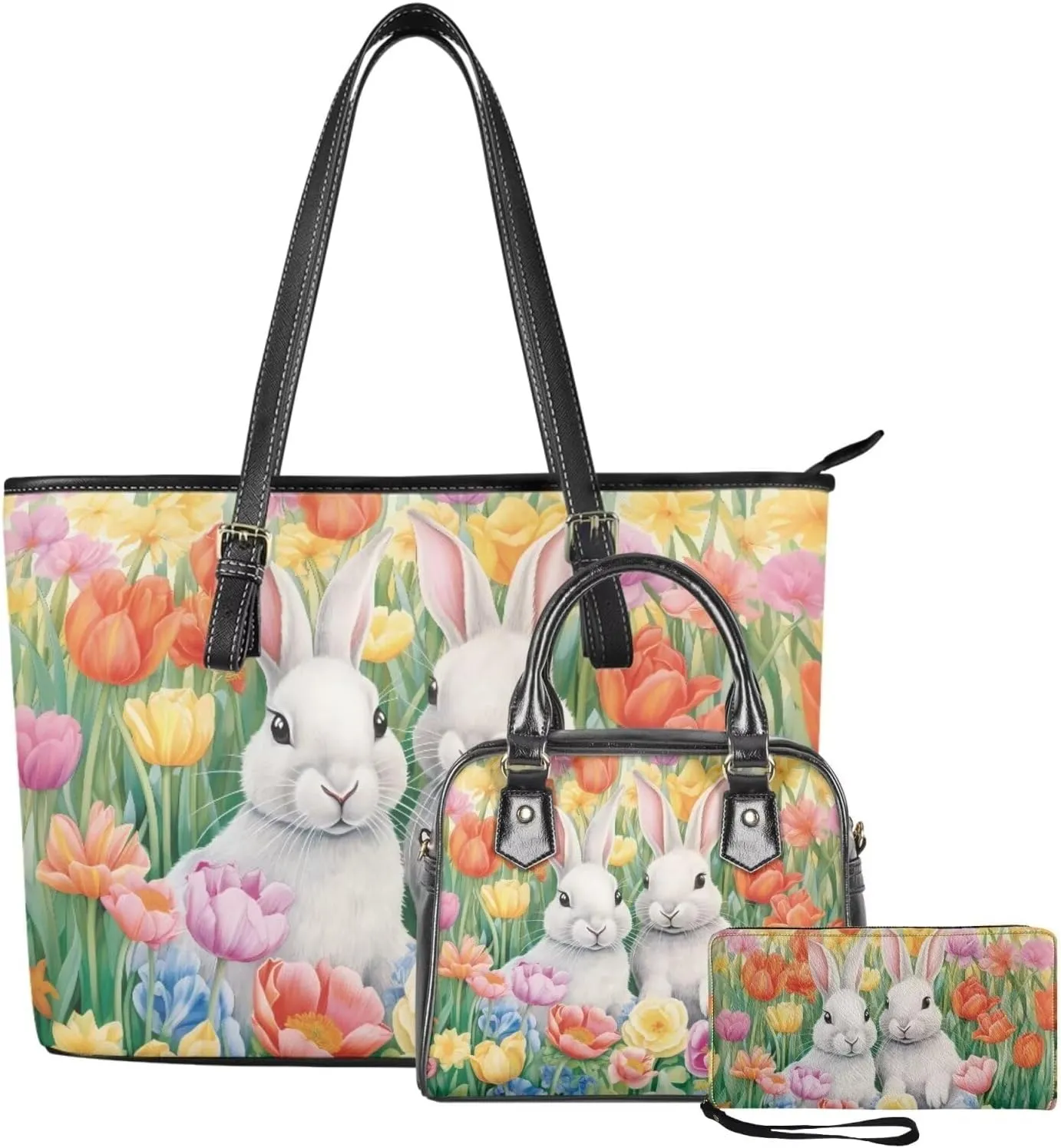 FOR U DESIGNS Leather Satchel Purses and Handbags for Women Easter Bunny Eggs Top Handle Tote Bag with Matching Wallet Sets
