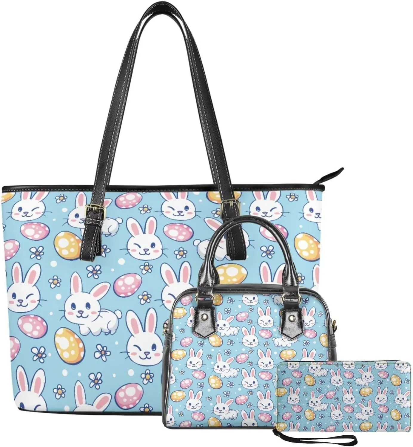 FOR U DESIGNS Leather Satchel Purses and Handbags for Women Easter Bunny Eggs Top Handle Tote Bag with Matching Wallet Sets