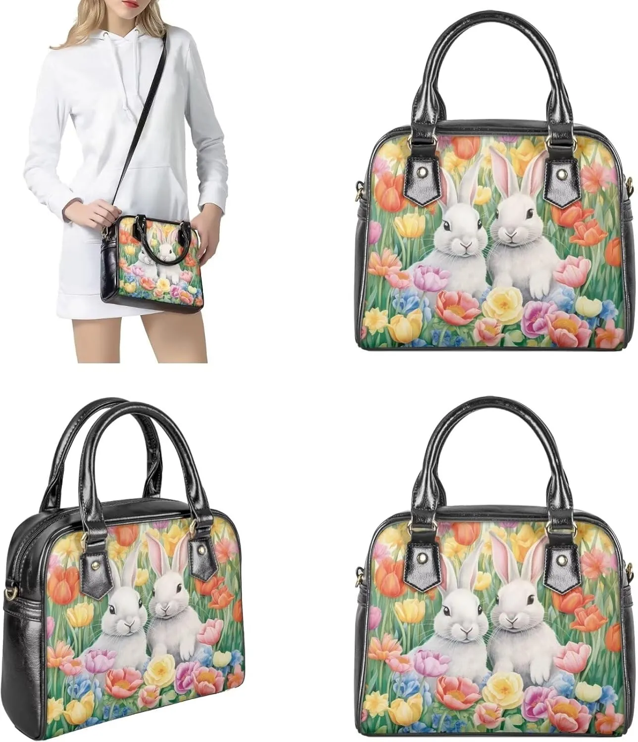 FOR U DESIGNS Leather Satchel Purses and Handbags for Women Easter Bunny Eggs Top Handle Tote Bag with Matching Wallet Sets