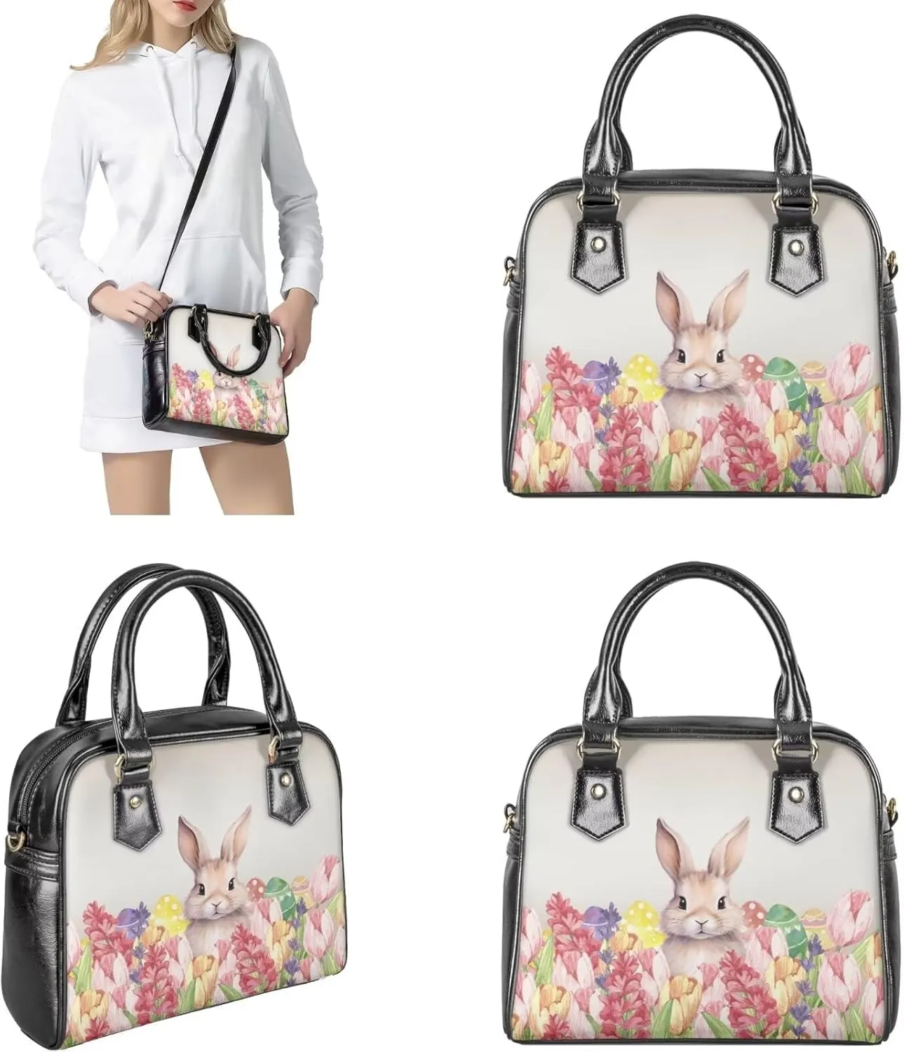 FOR U DESIGNS Leather Satchel Purses and Handbags for Women Easter Bunny Eggs Top Handle Tote Bag with Matching Wallet Sets