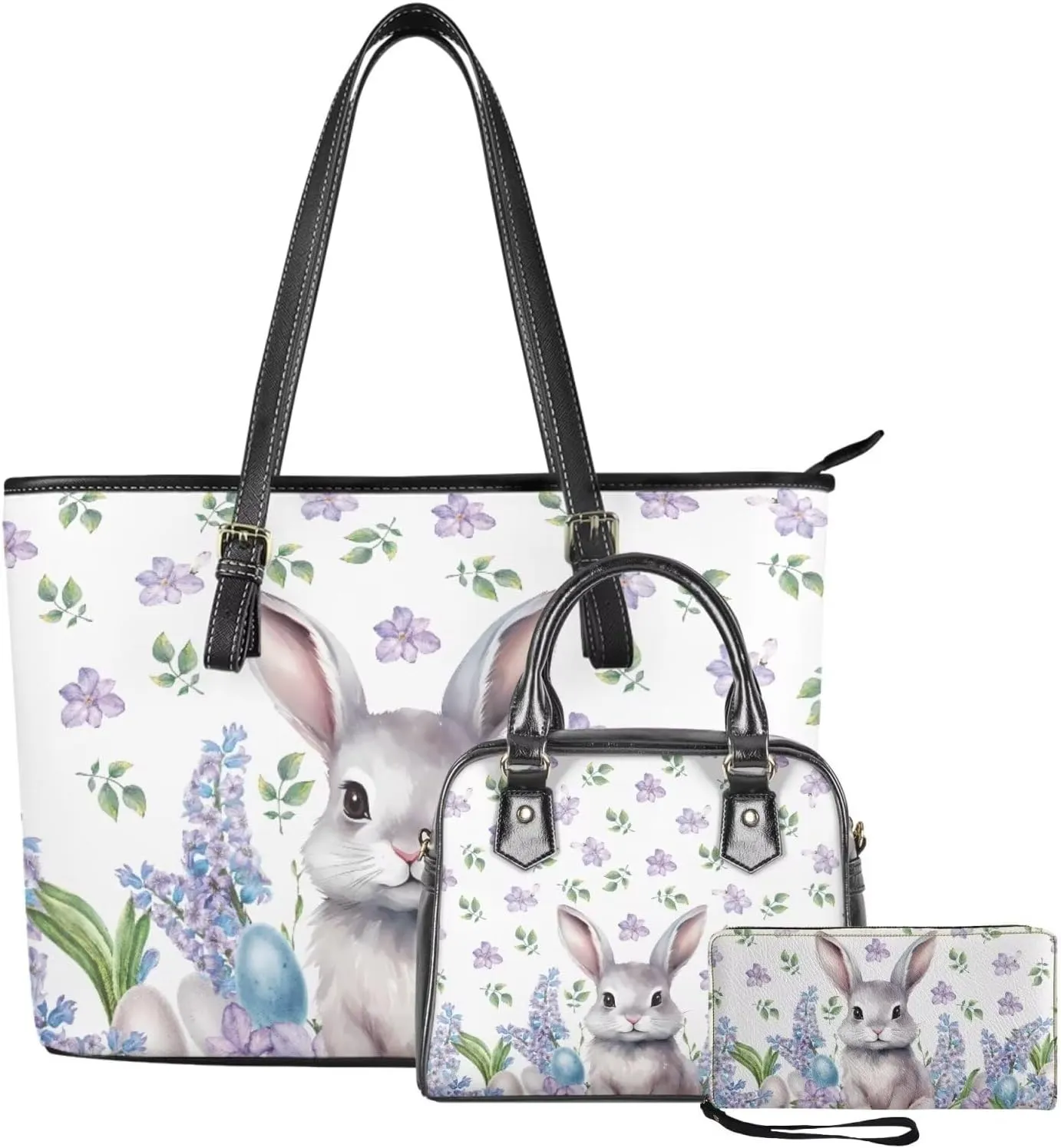 FOR U DESIGNS Leather Satchel Purses and Handbags for Women Easter Bunny Eggs Top Handle Tote Bag with Matching Wallet Sets