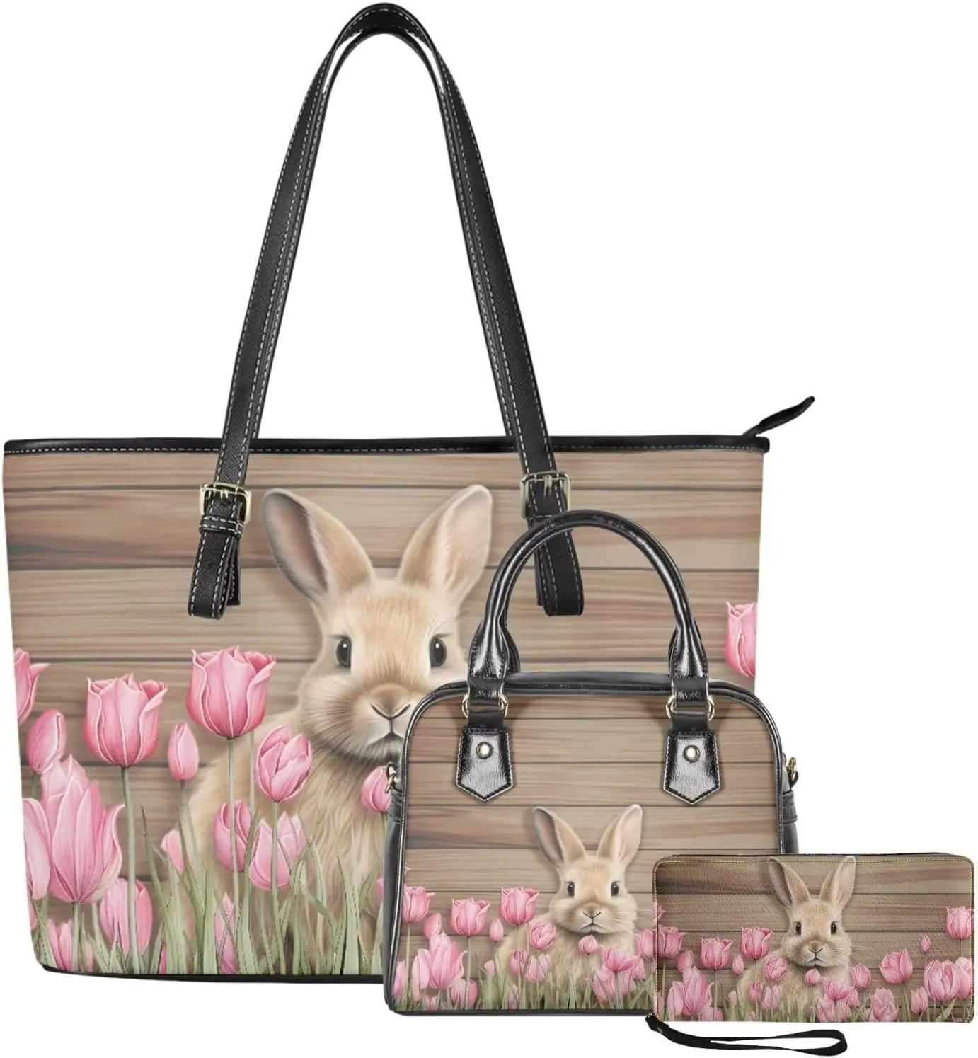 FOR U DESIGNS Leather Satchel Purses and Handbags for Women Easter Bunny Eggs Top Handle Tote Bag with Matching Wallet Sets
