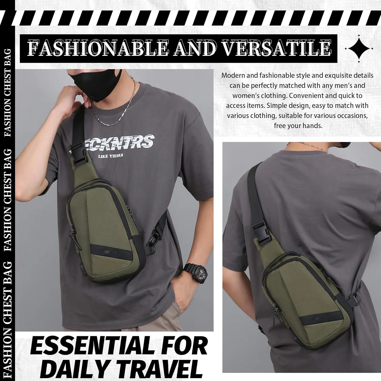 FSD.WG Crossbody Bag Men Chest Bag Sling Backpack Travel Bag Waterproof Durable Purse Large Capacity Wallet