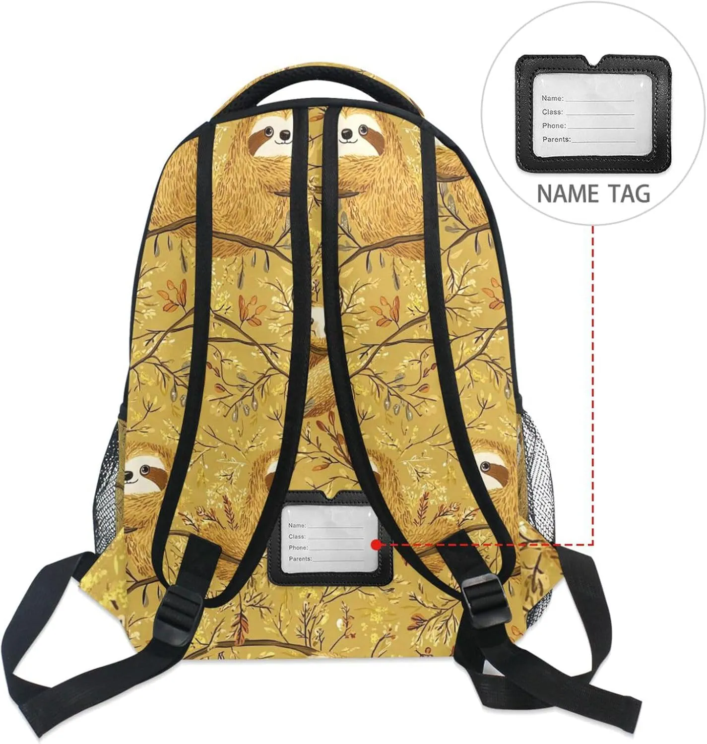 Fun Backpack for Teacher Nurse Waterproof Laptop Bag with Chest Strap for Travel Trip Cartoon Sweet Sloth Gold